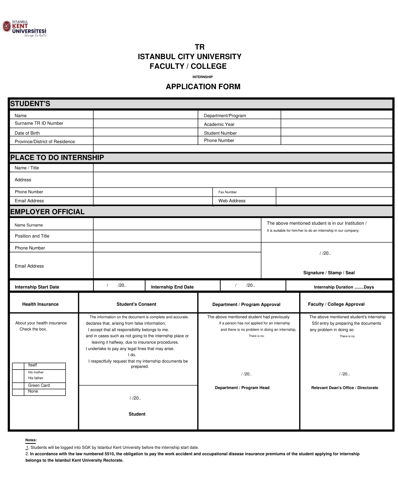Internship Application Form in English